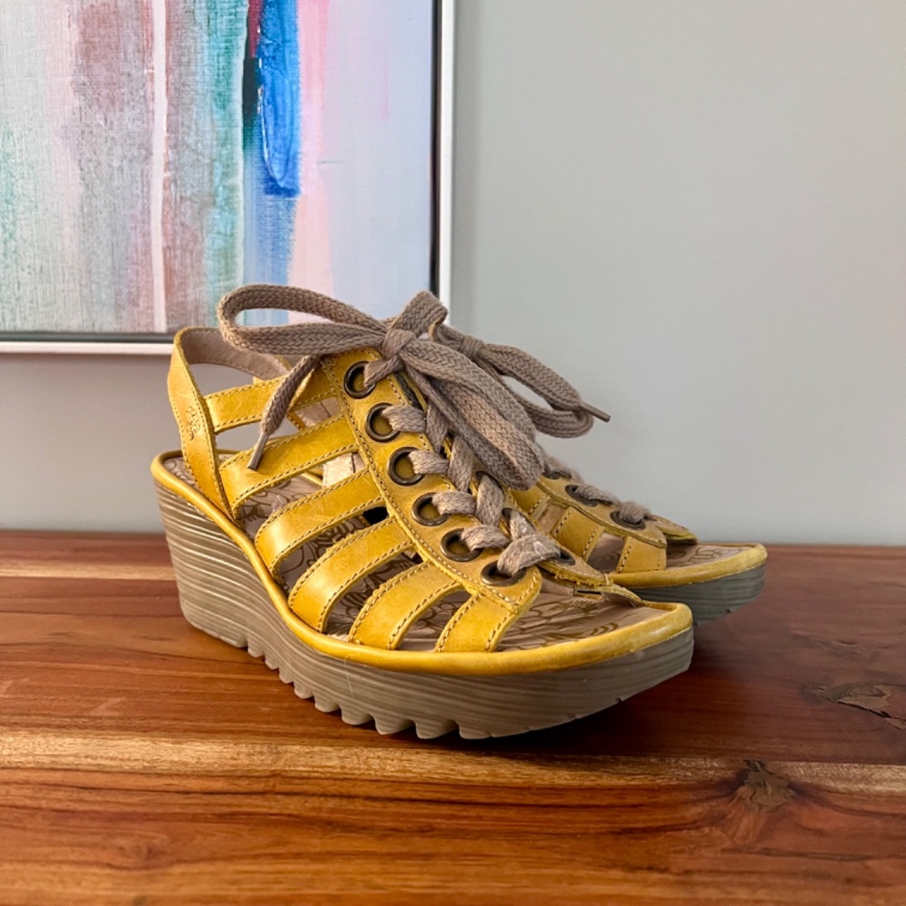 Fly London Yuta Wedge Lace-up Sandals Yellow Leather size 40 (9)